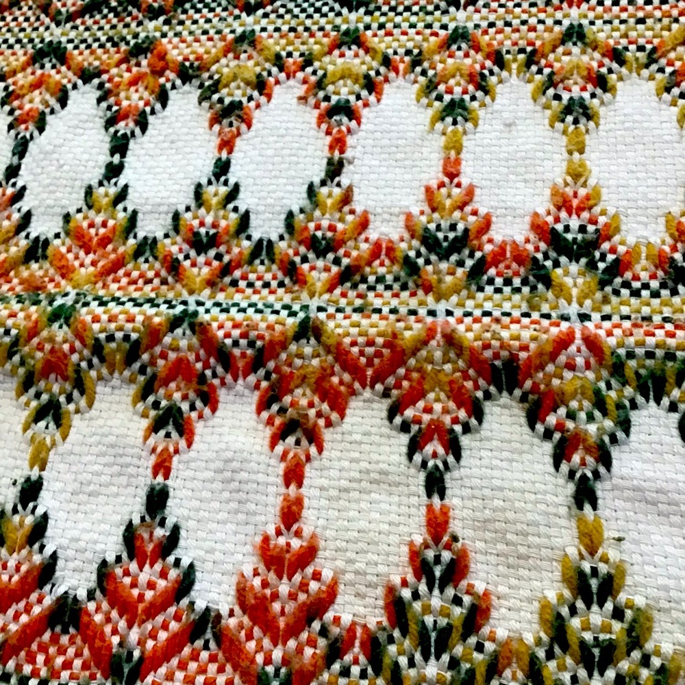 VTG Blanket Huck Embroidery Cream Orange Green Yellow 46" x 70" Throw Bedspread